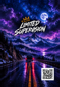 After Hours Black Label car air freshener artwork: blue and purple night sky over a mountain highway and pickup, with the Limited Supervision crown logo and website QR code.