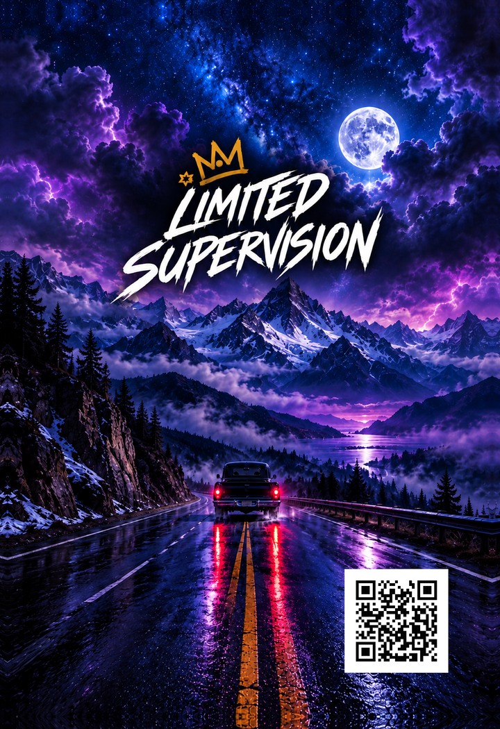 After Hours Black Label car air freshener artwork: blue and purple night sky over a mountain highway and pickup, with the Limited Supervision crown logo and website QR code.