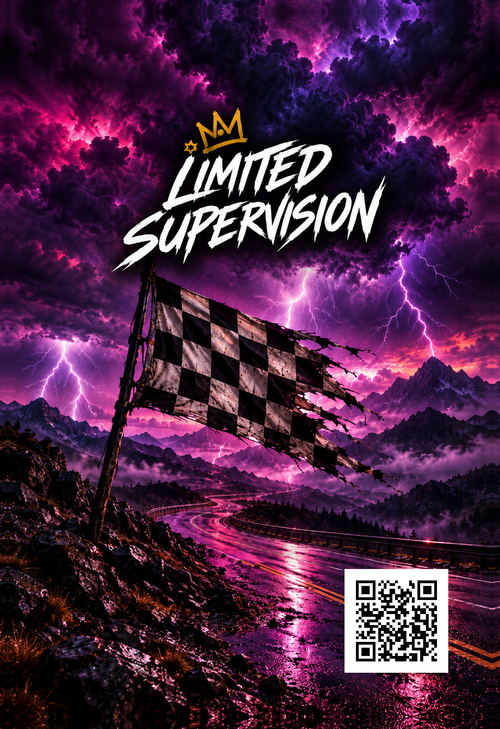 Bad Ideas Black Label car air freshener artwork: a weathered checkered flag above a winding mountain road under purple lightning, with the Limited Supervision crown logo and website QR code.