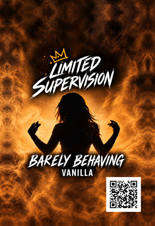 Barely Behaving Vanilla air freshener artwork: a silhouetted figure against amber smoke and Limited Supervision logo.