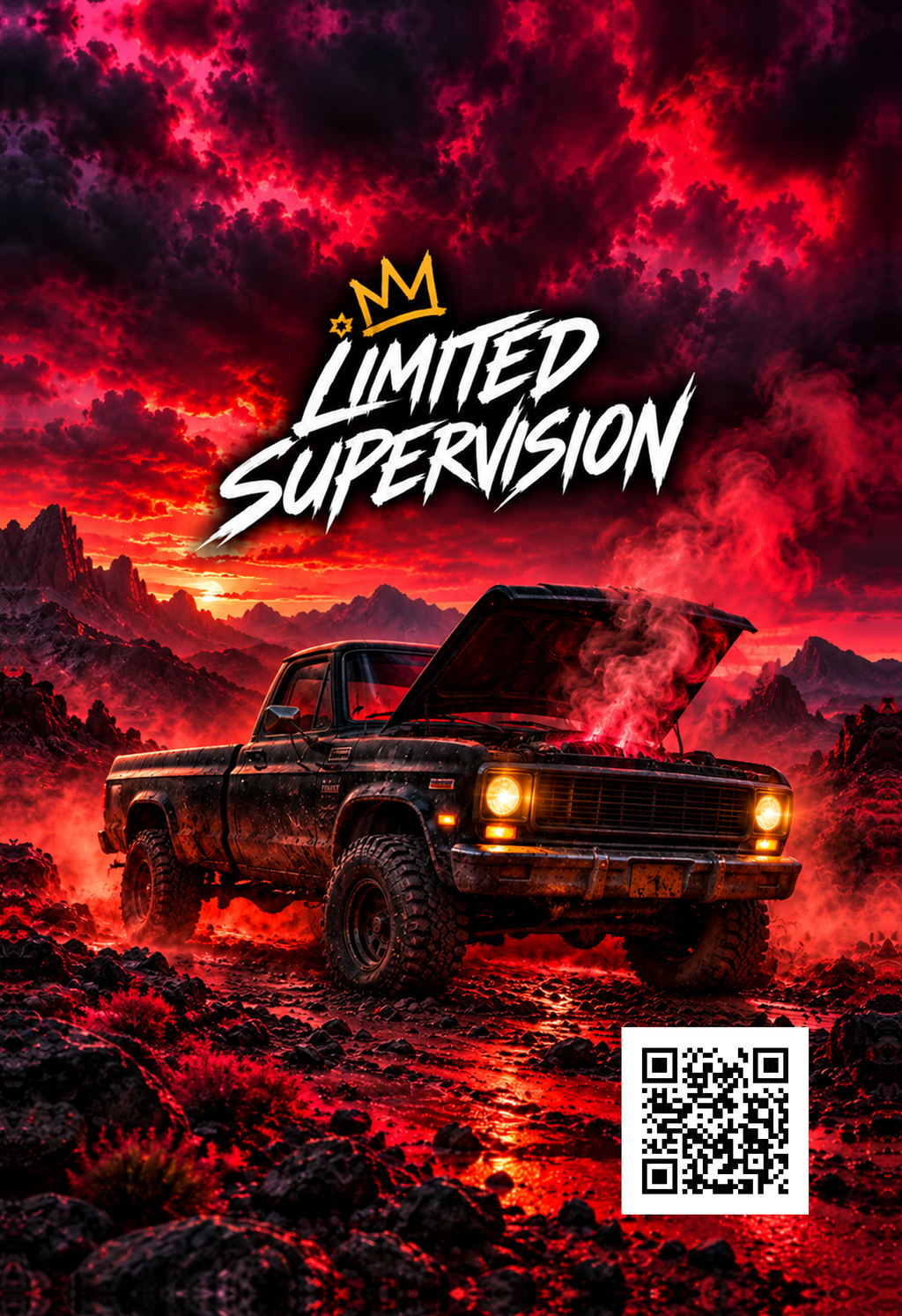 Check Engine Black Label car air freshener artwork: an old pickup with its hood up beneath a red storm sky, with the Limited Supervision crown logo and website QR code.