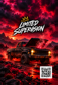 Check Engine Black Label car air freshener artwork: an old pickup with its hood up beneath a red storm sky, with the Limited Supervision crown logo and website QR code.