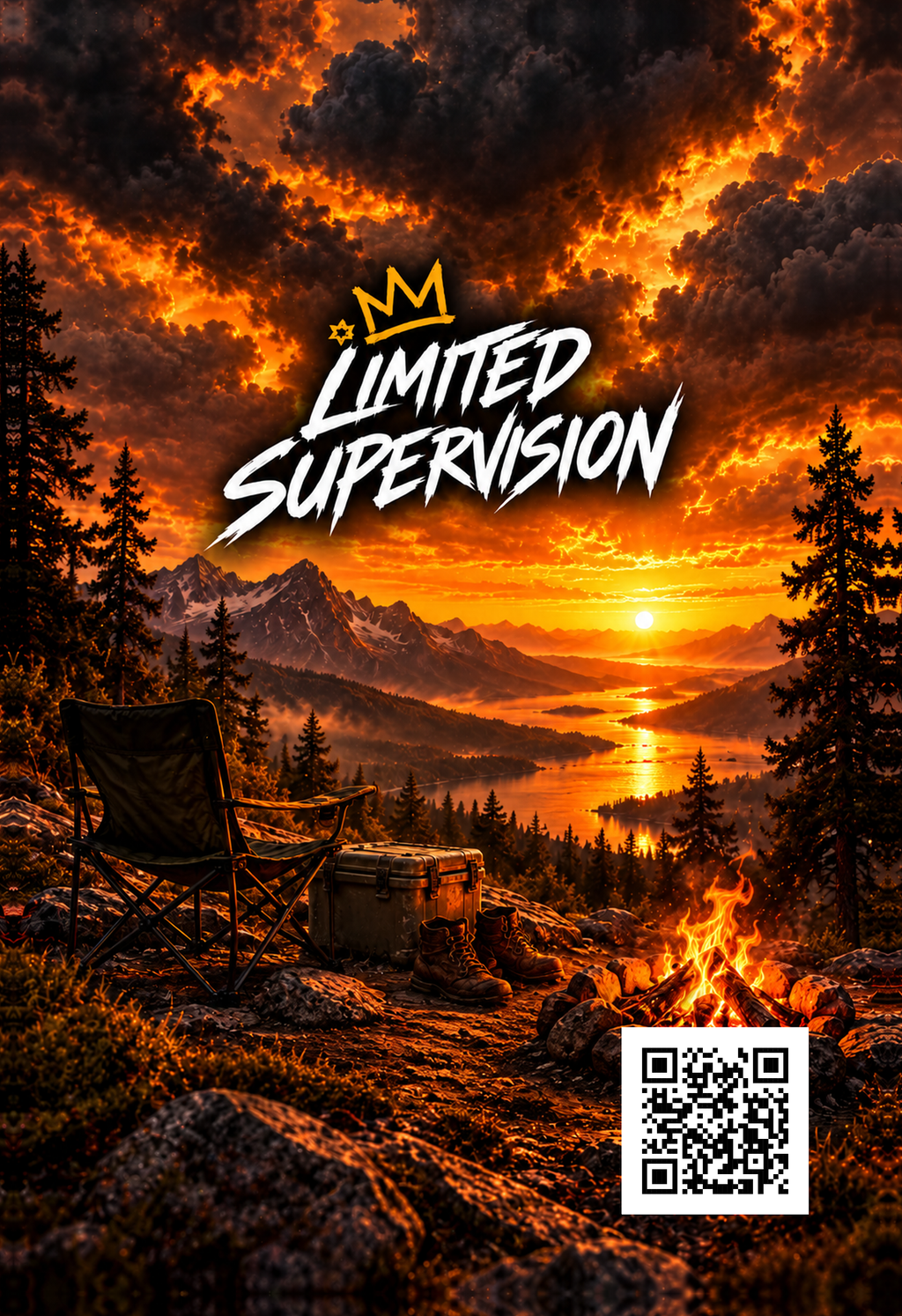 On Break Black Label car air freshener artwork: a chair, cooler, boots and campfire above a golden mountain lake, with the Limited Supervision crown logo and website QR code.