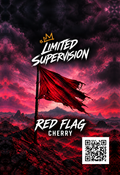 Red Flag Cherry air freshener artwork: a crimson flag, stormy sky, Limited Supervision logo and QR code.