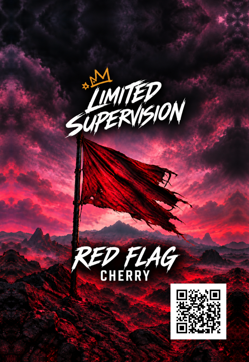 Red Flag Cherry air freshener artwork: a crimson flag, stormy sky, Limited Supervision logo and QR code.