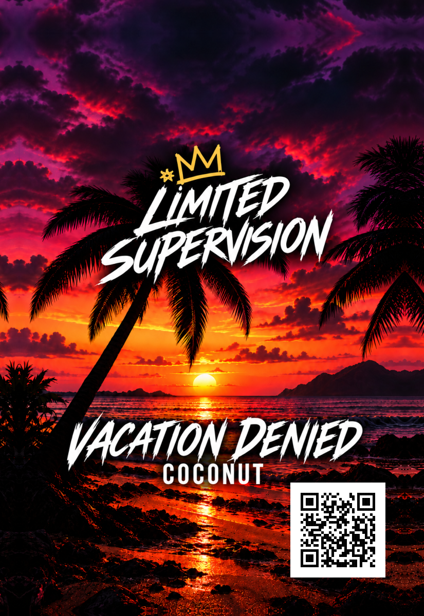 Vacation Denied Coconut air freshener artwork with palm trees, a sunset and Limited Supervision logo.