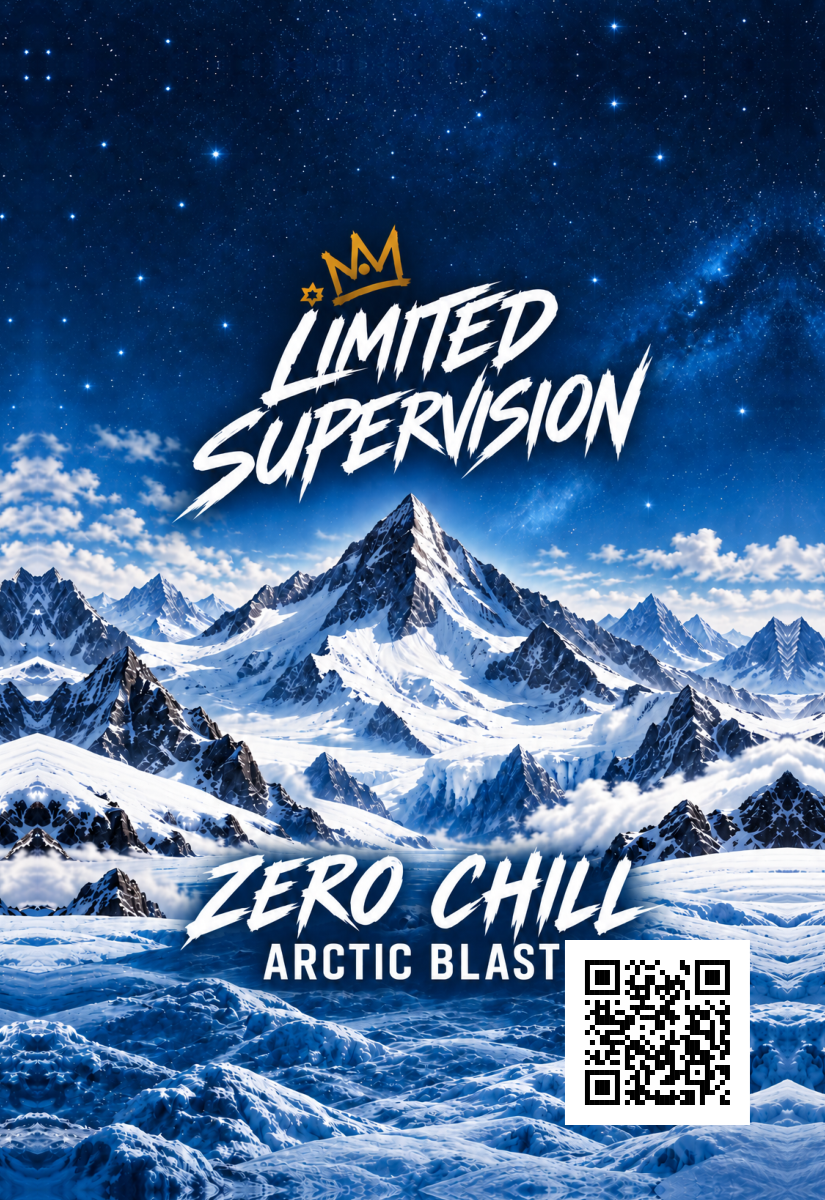 Zero Chill Arctic Blast air freshener artwork: snowy mountains, Limited Supervision logo and QR code.