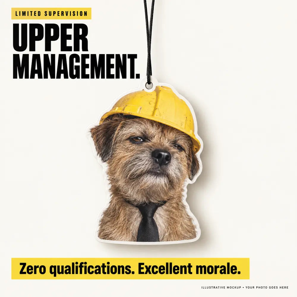 Limited Supervision custom photo air freshener mockup featuring a terrier in a hardhat and tie — Upper Management.