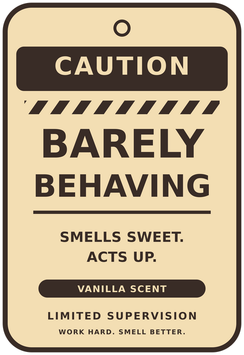 Barely Behaving Vanilla air freshener artwork preview from Limited Supervision, with a tan caution-label design.