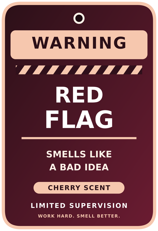 Red Flag Cherry air freshener artwork — Warning: Smells like a bad idea. Limited Supervision.